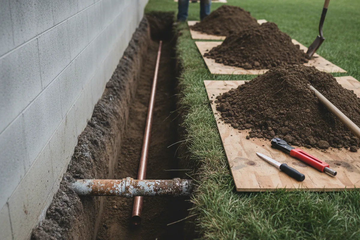 Excavated water line trench during Water Softener Installation in Cicero